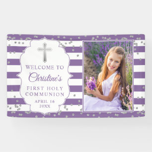 Zilver Glitter Paars First Heilige Communfoto Spandoek