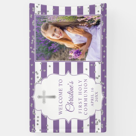 Zilver Glitter Paars First Heilige Communfoto Spandoek (Verticaal)