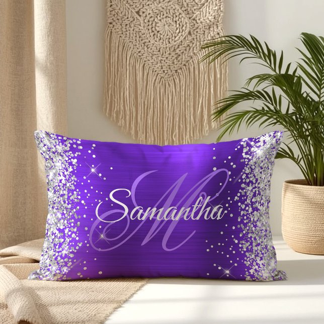 Zilver Glitter Paars Indigo Folie Fancy Monogram Kussen (Silver Glitter Violet Indigo Foil Fancy Monogram Lumbar Pillow)