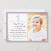 Zilver Glitter Plum Paars First Commune Foto Kaart (Voorkant)