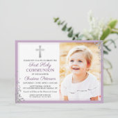 Zilver Glitter Plum Paars First Commune Foto Kaart (Staand voorkant)