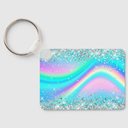 Zilver Glitter Regenboog Golf Aqua Ombre Monogram Sleutelhanger (Achterkant)