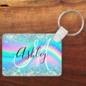 Zilver Glitter Regenboog Golf Aqua Ombre Monogram Sleutelhanger (Voorkant)