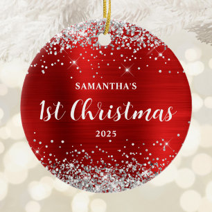 Zilver Glitter Rode Folie 1e Kerstmis Keramisch Ornament