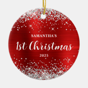 Zilver Glitter Rode Folie 1e Kerstmis Keramisch Ornament