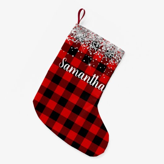 Zilver Glitter Rood en Zwart Buffalo Plaid Kleine Kerstsok (Voorkant (Hangend))