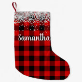 Zilver Glitter Rood en Zwart Buffalo Plaid Kleine Kerstsok (Voorkant)