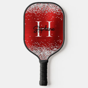 Zilver Glitter Rood Folie Monogram Pickleball Paddle
