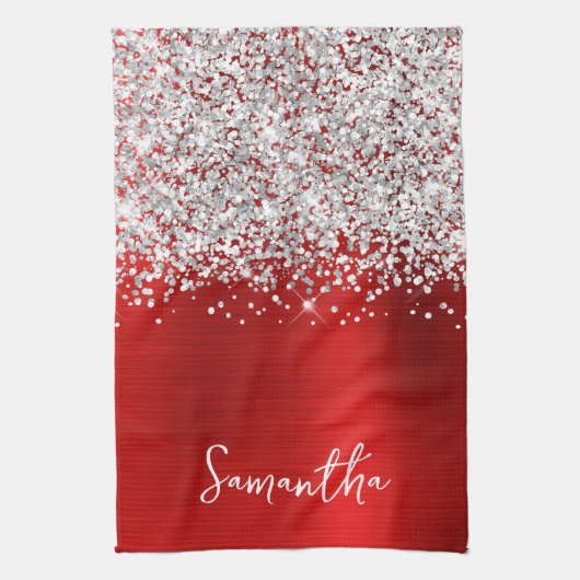 Zilver Glitter Rood Glam Naam Theedoek (Verticaal)