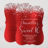 Zilver Glitter Rood Glam Sweet 16 Kaart (Voorkant / Achterkant)