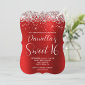 Zilver Glitter Rood Glam Sweet 16 Kaart (Staand voorkant)