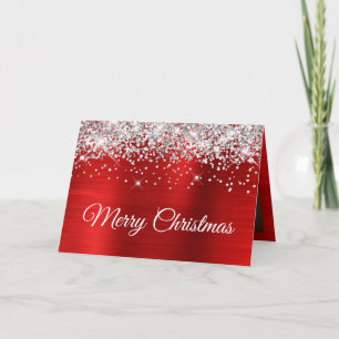 Zilver Glitter Rood Prettig Kerstmis Familie Foto Kaart