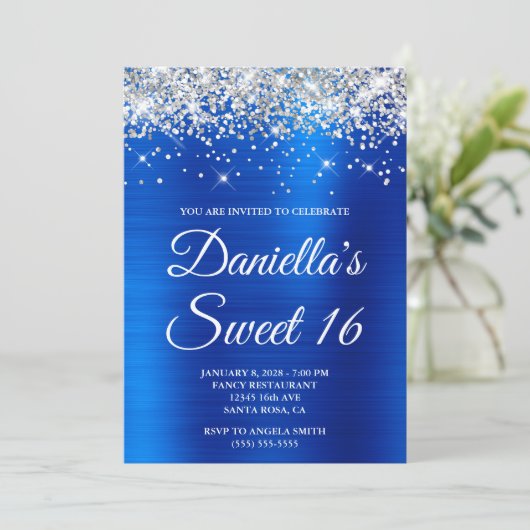 Zilver Glitter Royal Blauw Folie Sweet 16 Kaart (Staand voorkant)