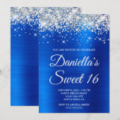 Zilver Glitter Royal Blauw Folie Sweet 16 Kaart (Voorkant / Achterkant)