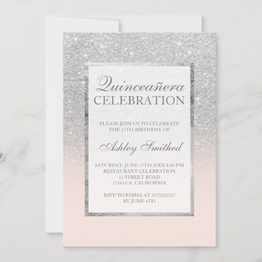 Zilver glitter roze elegant chic Quinceañera Kaart (Voorkant)