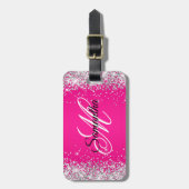 Zilver Glitter Roze Fantasie Monogram Bagagelabel (Voorkant verticaal)
