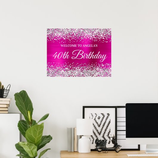 Zilver Glitter Roze Folie 40e Verjaardag Welkom Poster (Thuiskantoor)