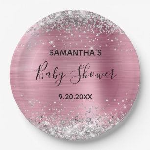 Zilver Glitter Roze Folie Baby Shower Papieren Bordje