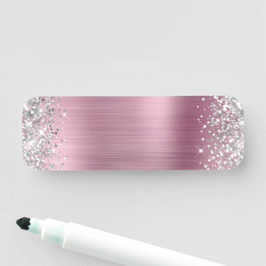 Zilver Glitter Roze Folie Blanco Naamplaatje (In situ)