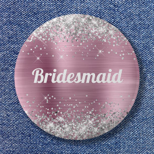 Zilver Glitter Roze Folie Bruidsmeisje Ronde Button 5,7 Cm