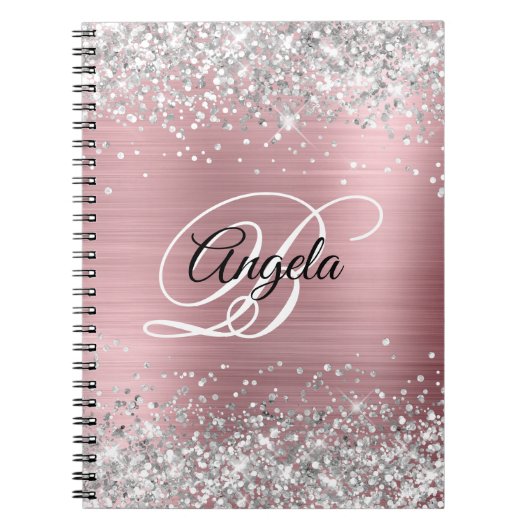 Zilver Glitter Roze Metallic Fancy Monogram Notitieboek (Voorkant)