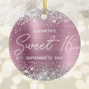 Zilver Glitter Roze Moderne Fancy Sweet 16 Foto Keramisch Ornament