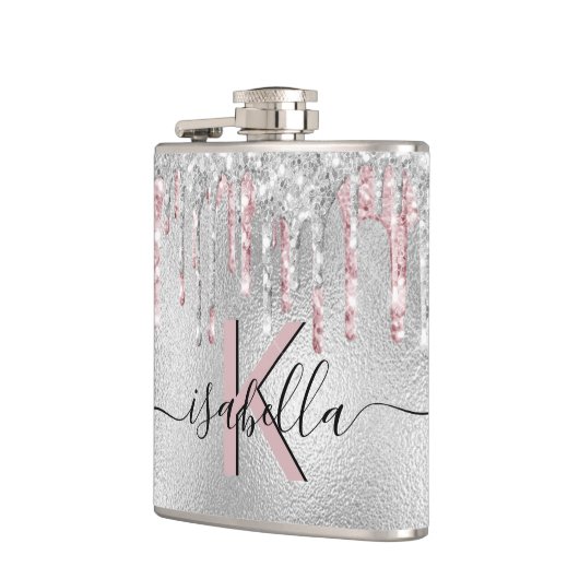 Zilver glitter roze monogram sparameter script heupfles (Links)