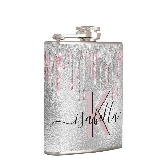 Zilver glitter roze monogram sparameter script heupfles (Rechts)