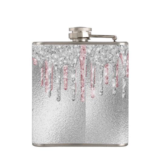 Zilver glitter roze monogram sparameter script heupfles (Achterkant)