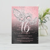 Zilver Glitter Roze Zwart Masquerade Sweet 16 Kaart (Staand voorkant)
