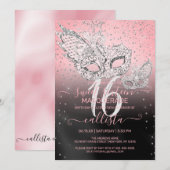 Zilver Glitter Roze Zwart Masquerade Sweet 16 Kaart (Voorkant / Achterkant)