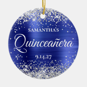 Zilver Glitter Saffierblauwe Quinceañera Foto Keramisch Ornament