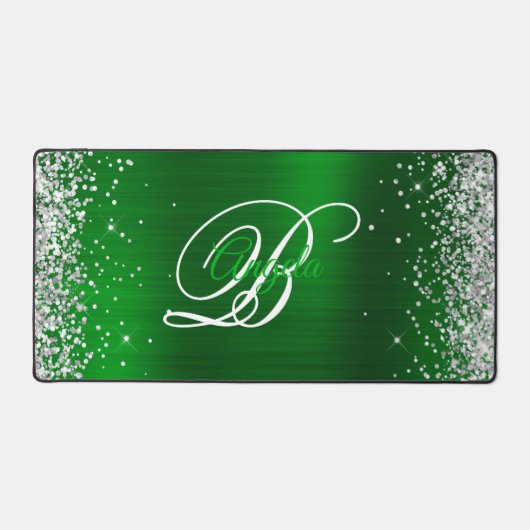 Zilver Glitter Smaragdgroen Fantasie Monogram Bureaumat (Voorkant)