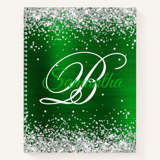 Zilver Glitter Smaragdgroene Folie Fancy Monogram Notitieboek (Voorkant)