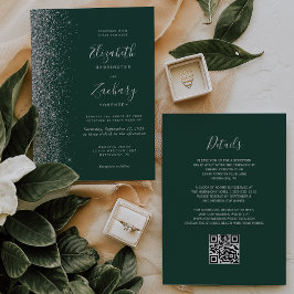 Zilver Glitter Smaragdgroene QR Code Huwelijk Kaart