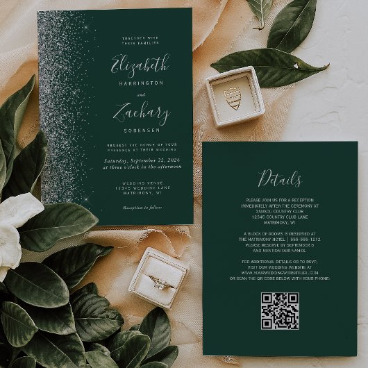 Zilver Glitter Smaragdgroene QR Code Huwelijk Kaart