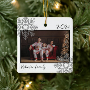 Zilver Glitter Sneeuwvlok Familie Wit Keramisch Ornament