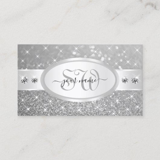 Zilver Glitter Sparkelende Stars Diamonds Initiale Visitekaartje (Voorkant)