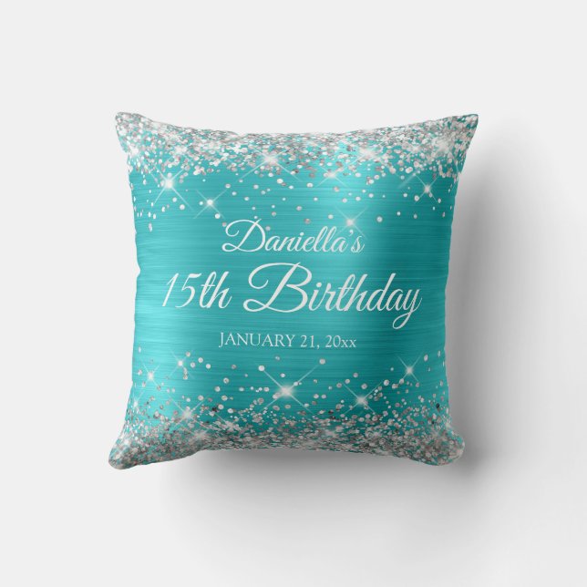 Zilver Glitter Turquoise Blauw 15e Verjaardag Kussen (Achterkant)