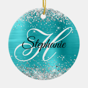 Zilver Glitter Turquoise Blauwe Folie Fancy Monogr Keramisch Ornament