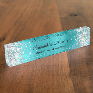 Zilver Glitter Turquoise Blauwe Folie Naambordje