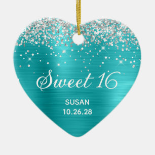 Zilver Glitter Turquoise Blauwe Folie Sweet 16 Fot Keramisch Ornament