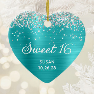 Zilver Glitter Turquoise Blauwe Folie Sweet 16 Fot Keramisch Ornament
