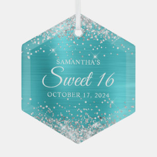 Zilver Glitter Turquoise Blauwe Folie Sweet 16 Glas Ornament