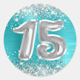 Zilver Glitter Turquoise Blauwe Nummer 15 Verjaard Ronde Sticker