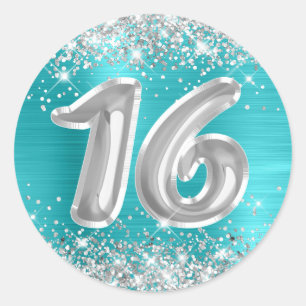 Zilver Glitter Turquoise Blauwe Nummer 16 Verjaard Ronde Sticker