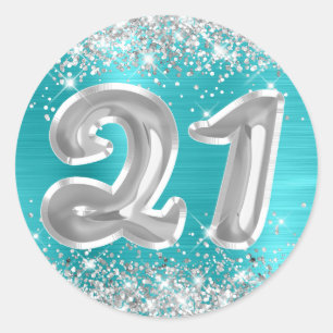 Zilver Glitter Turquoise Blauwe Nummer 21 Verjaard Ronde Sticker