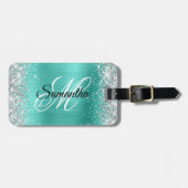 Zilver Glitter Turquoise Folie Fancy Monogram Bagagelabel (Voorkant horizontaal)