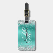 Zilver Glitter Turquoise Folie Fancy Monogram Bagagelabel (Voorkant verticaal)