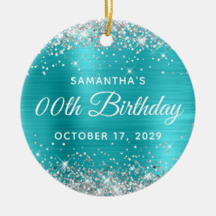 Zilver Glitter Turquoise Folie Verjaardag Elke Lee Keramisch Ornament